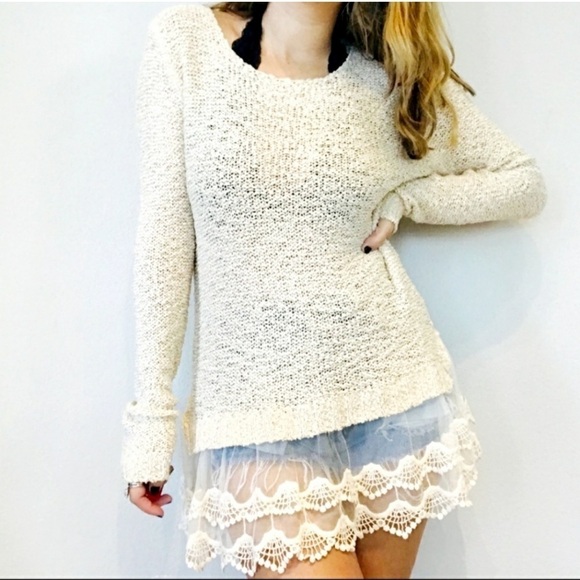 KATE Collection Knit Lace Oatmeal Tunic Sweater with Mesh Trim Size S/M - Picture 1 of 9